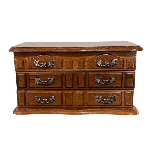 Vintage Wooden Jewelry Box Chest with Mirror 3 Drawers Felt Lined Ring Storage - Picture 2 of 16